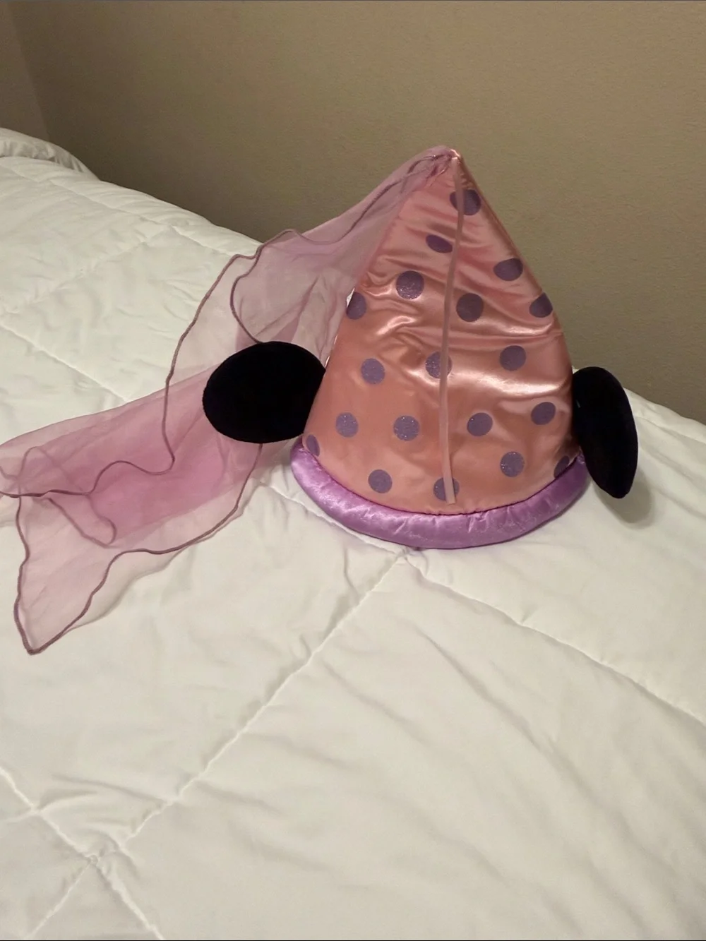 Disney Lavender Satin Cone Hat with Pink Lining and Sheer Veil